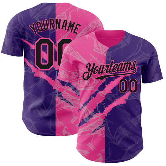 Custom Graffiti Pattern Black Purple-Pink 3D Scratch Authentic Baseball Jersey - Main View