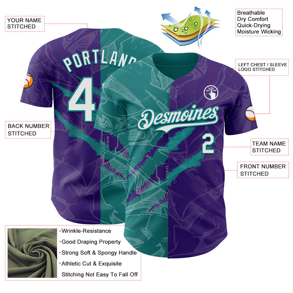 Custom Graffiti Pattern White Purple-Teal 3D Scratch Authentic Baseball Jersey view 3