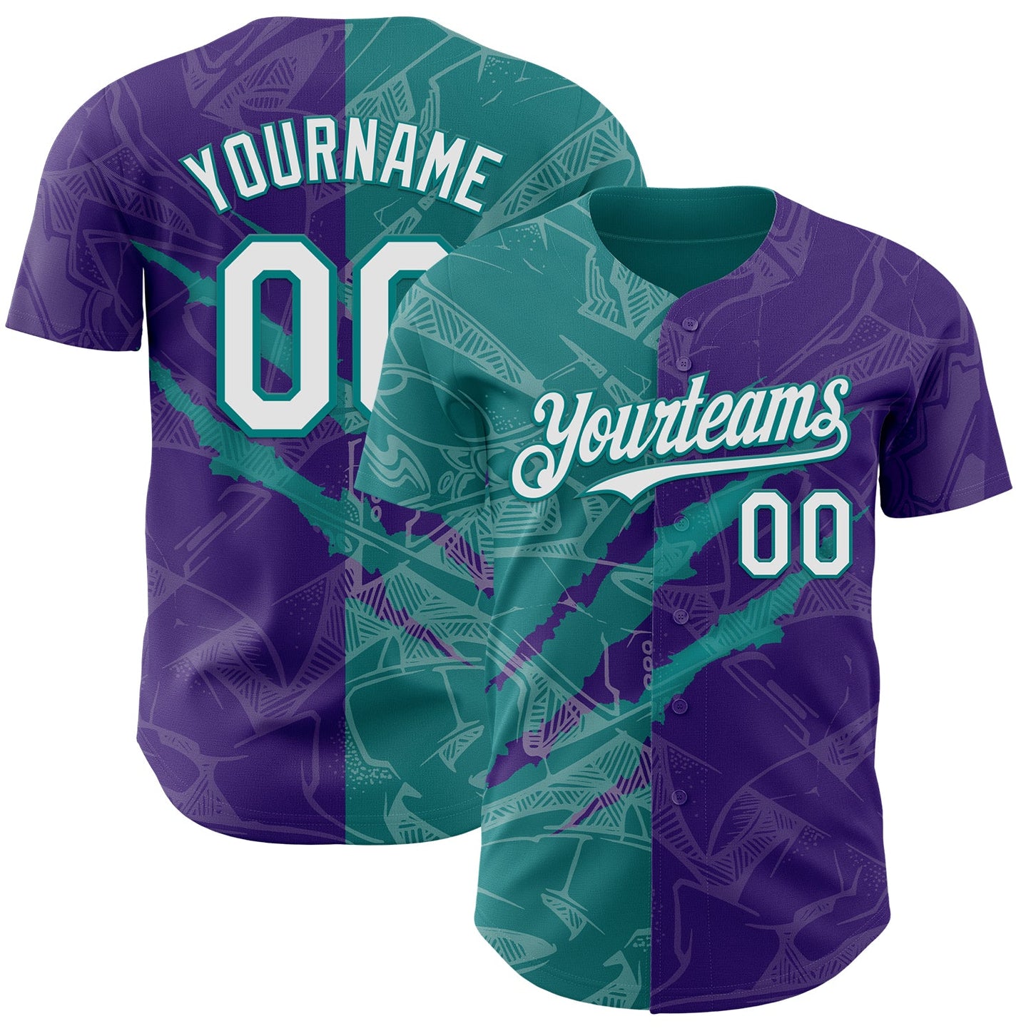 Custom Graffiti Pattern White Purple-Teal 3D Scratch Authentic Baseball Jersey - Main View