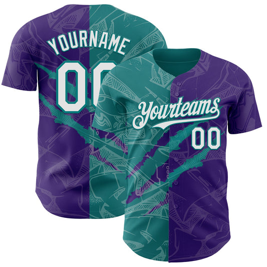 Custom Graffiti Pattern White Purple-Teal 3D Scratch Authentic Baseball Jersey - Main View