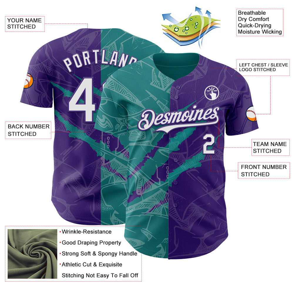Custom Graffiti Pattern White Purple-Teal 3D Scratch Authentic Baseball Jersey view 3