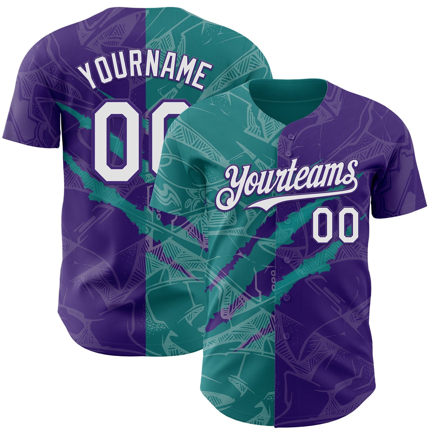 Custom Graffiti Pattern White Purple-Teal 3D Scratch Authentic Baseball Jersey - Main View
