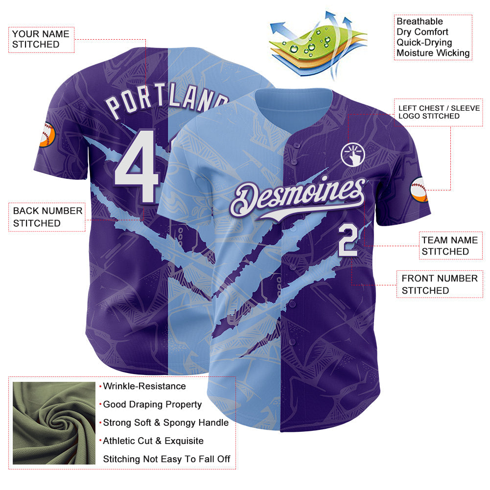 Custom Graffiti Pattern White Purple-Light Blue 3D Scratch Authentic Baseball Jersey view 3
