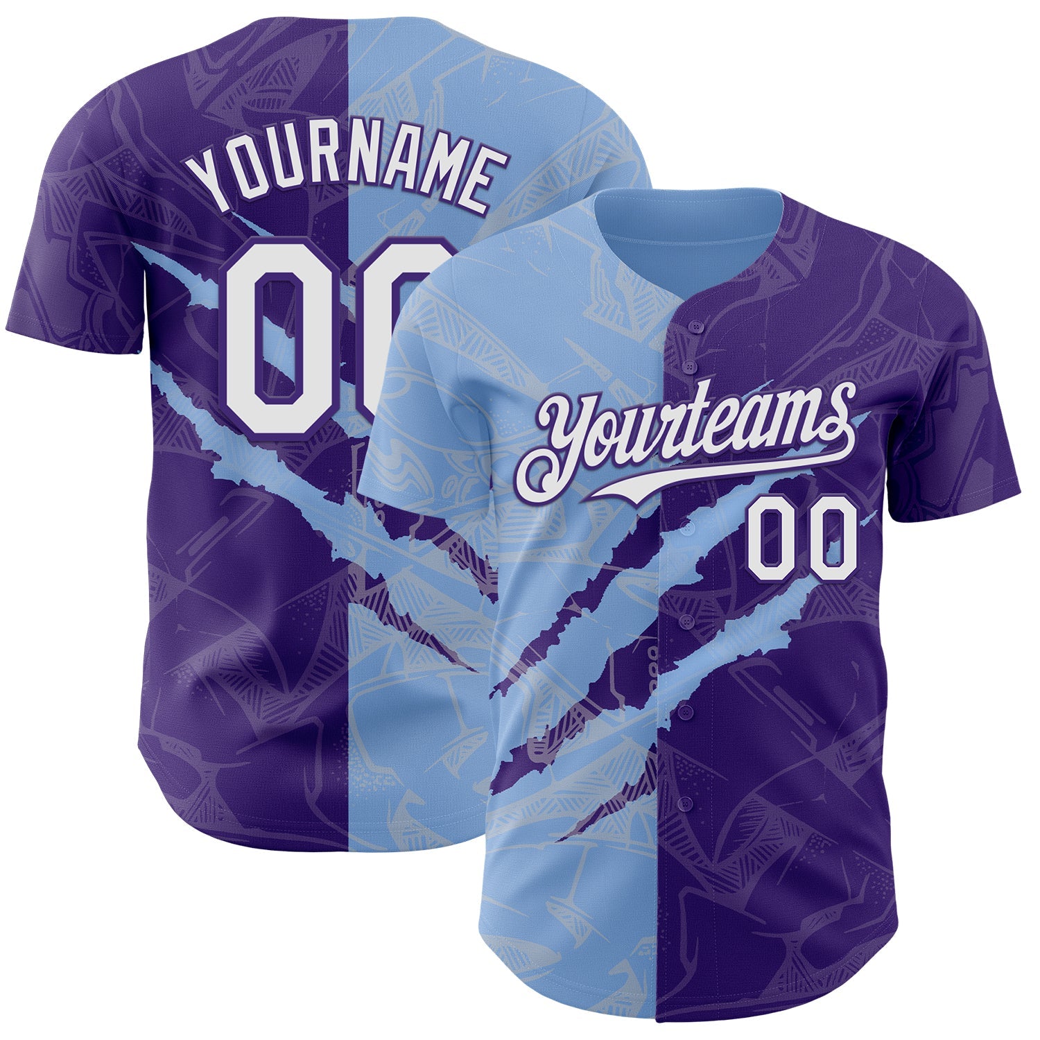 Custom Graffiti Pattern White Purple-Light Blue 3D Scratch Authentic Baseball Jersey - Main View