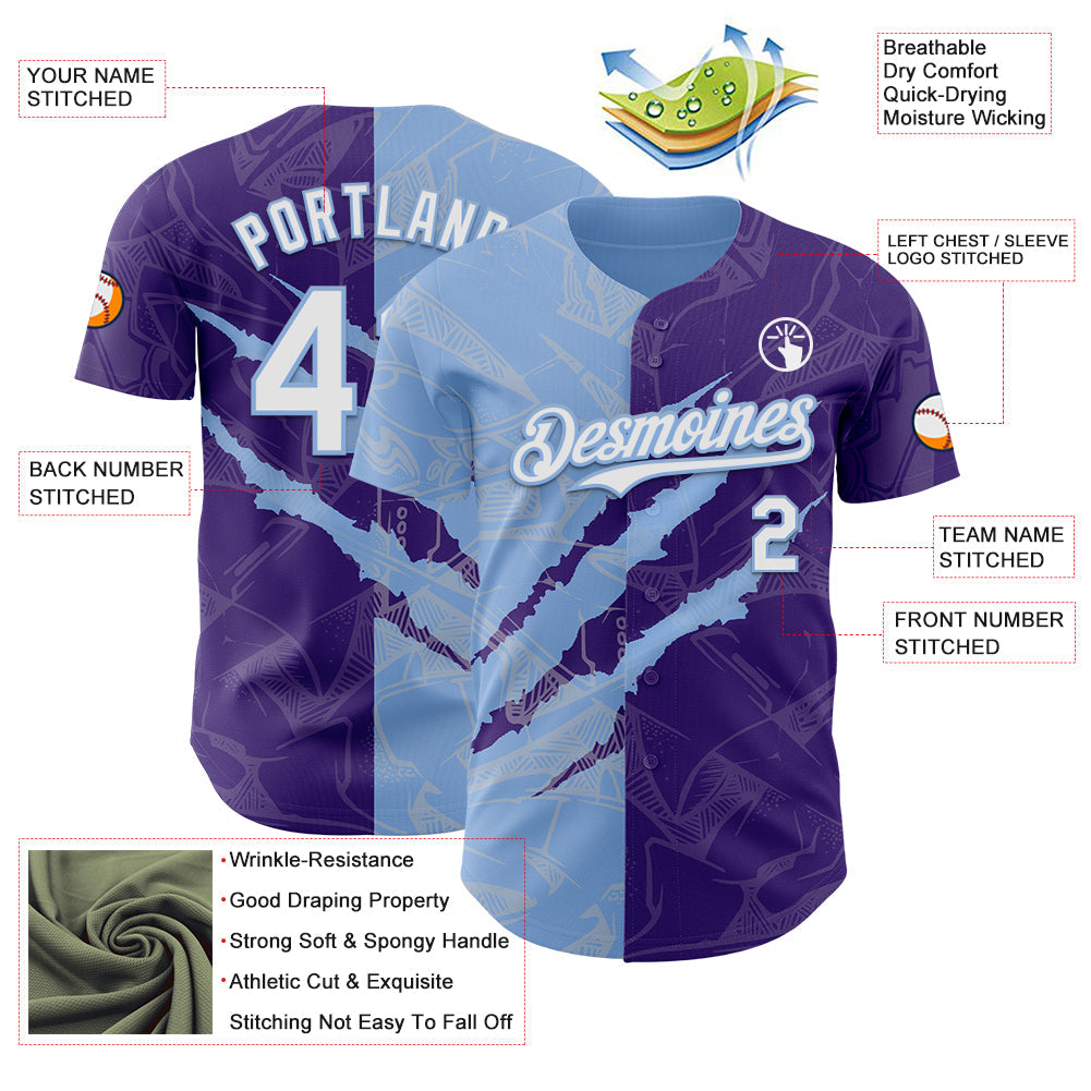 Custom Graffiti Pattern White Purple-Light Blue 3D Scratch Authentic Baseball Jersey view 3