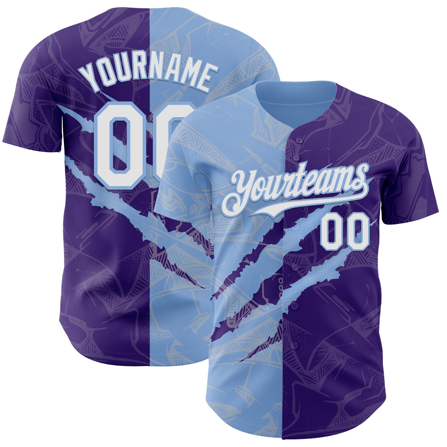 Custom Graffiti Pattern White Purple-Light Blue 3D Scratch Authentic Baseball Jersey - Main View