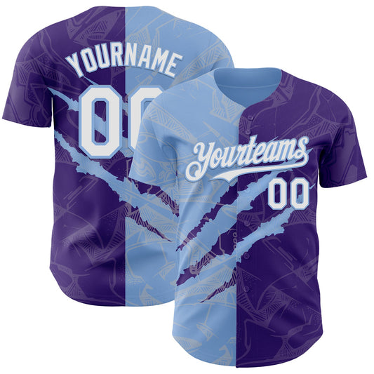 Custom Graffiti Pattern White Purple-Light Blue 3D Scratch Authentic Baseball Jersey - Main View