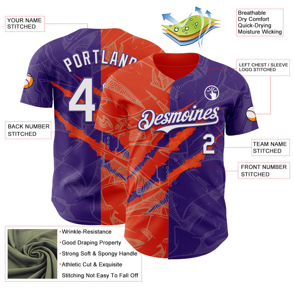 Custom Graffiti Pattern White Purple-Orange 3D Scratch Authentic Baseball Jersey view 3