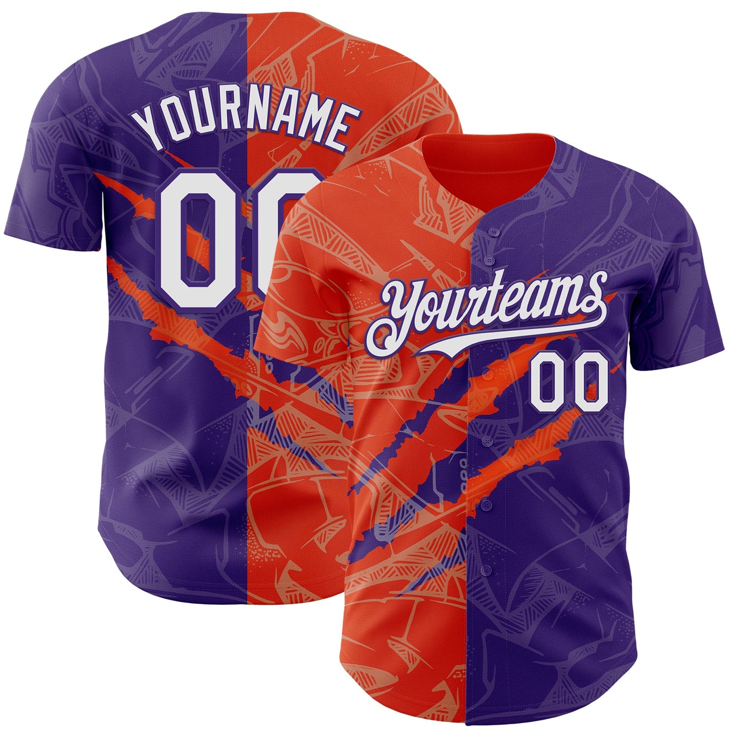 Custom Graffiti Pattern White Purple-Orange 3D Scratch Authentic Baseball Jersey - Main View