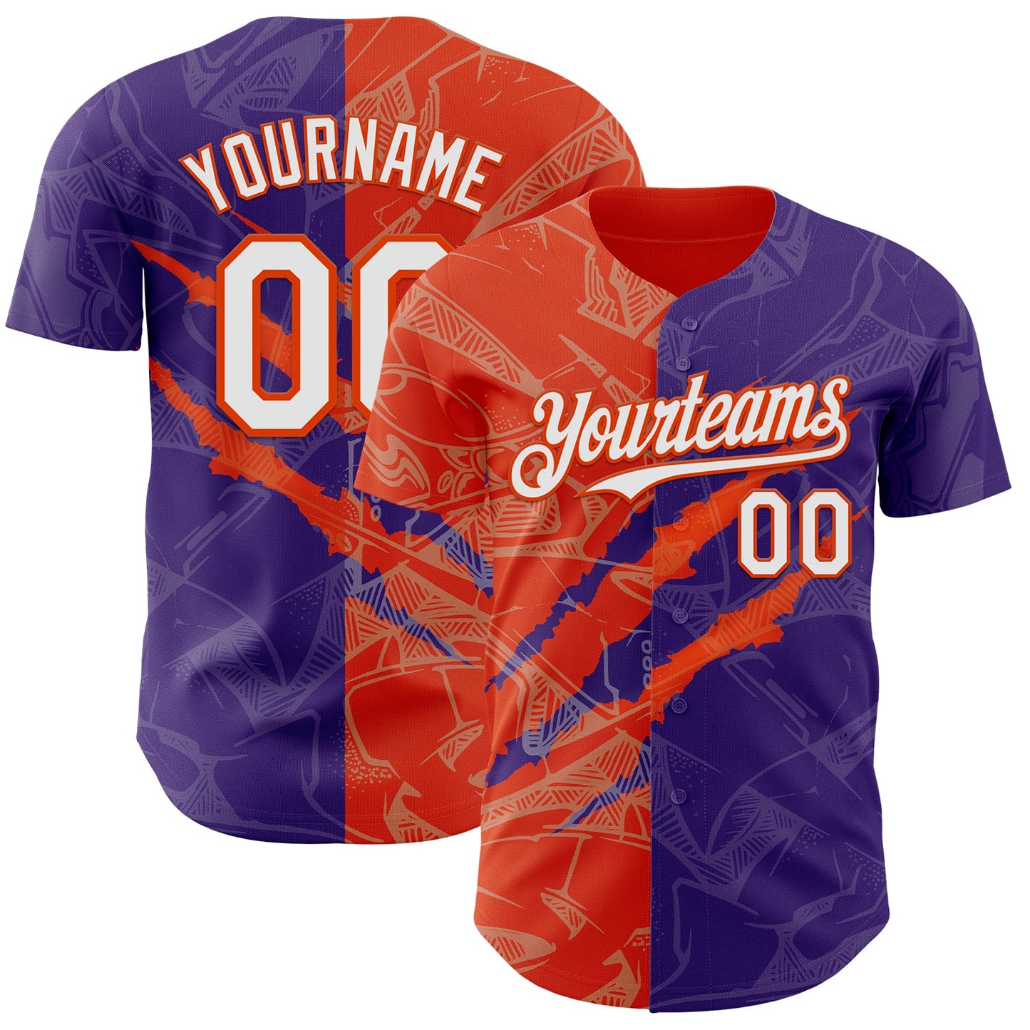 Custom Graffiti Pattern White Purple-Orange 3D Scratch Authentic Baseball Jersey - Main View