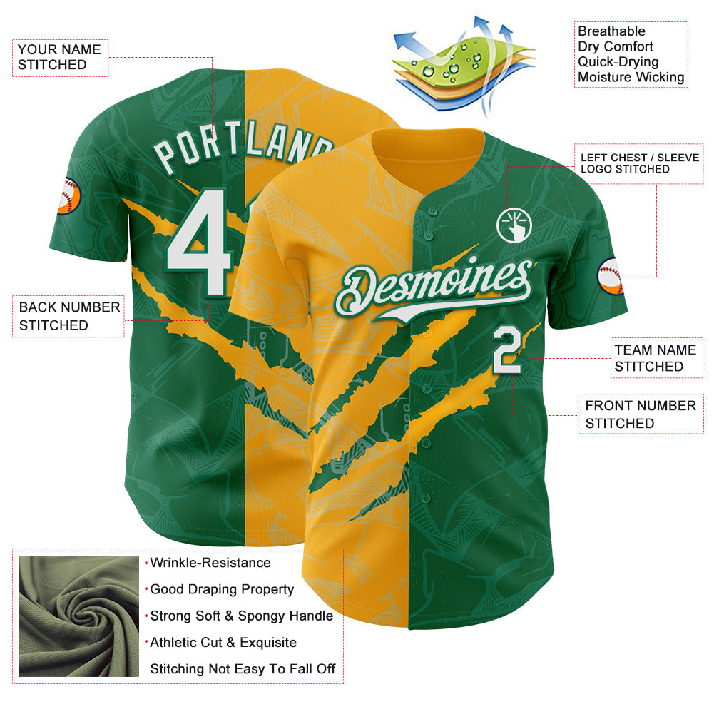 Custom Graffiti Pattern White Kelly Green-Gold 3D Scratch Authentic Baseball Jersey view 3