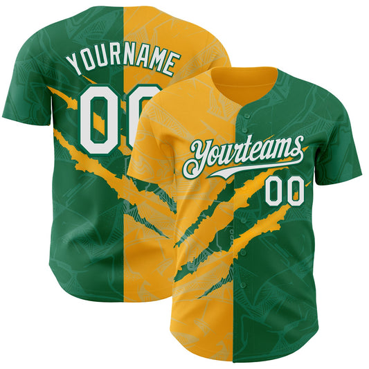 Custom Graffiti Pattern White Kelly Green-Gold 3D Scratch Authentic Baseball Jersey - Main View