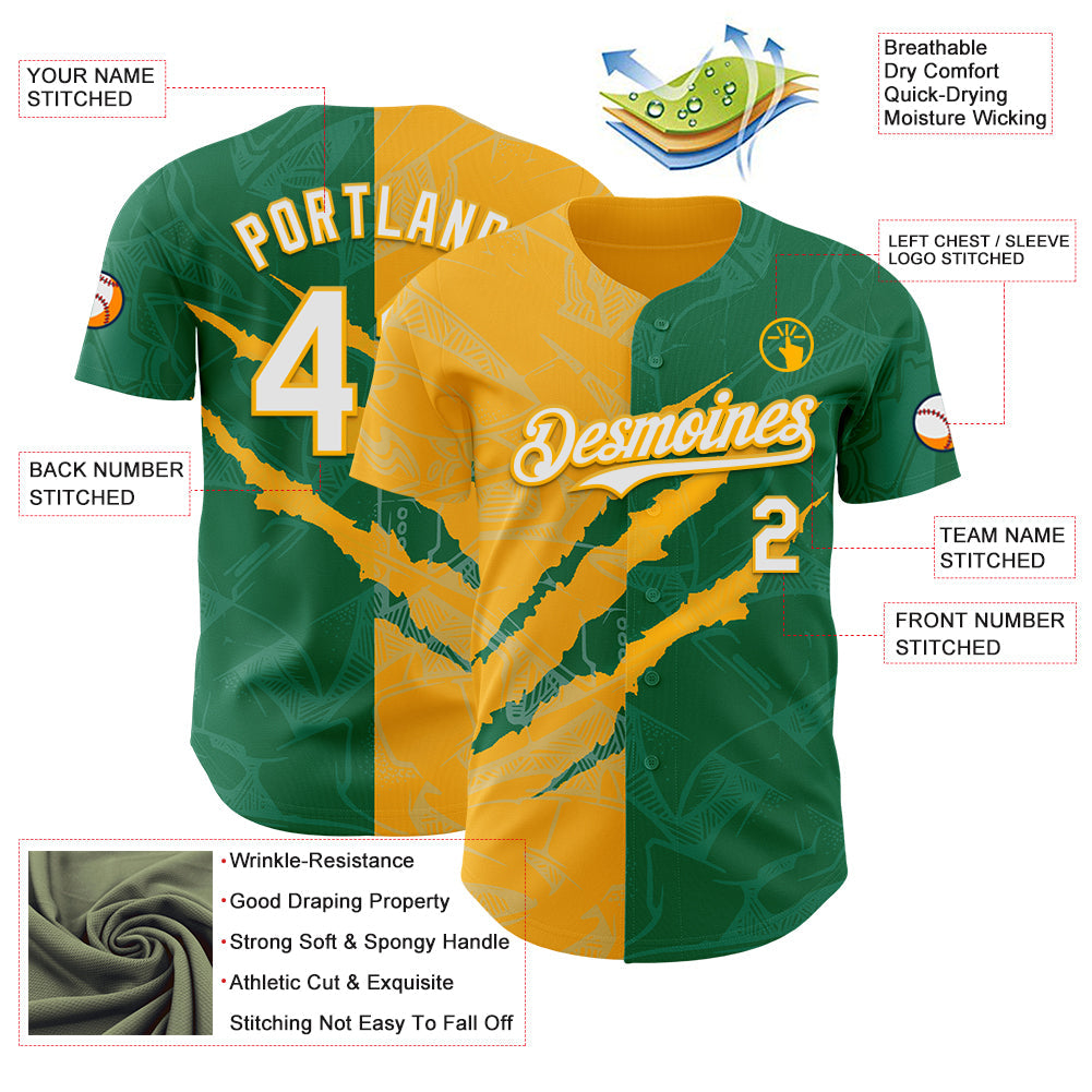 Custom Graffiti Pattern White Kelly Green-Gold 3D Scratch Authentic Baseball Jersey view 3