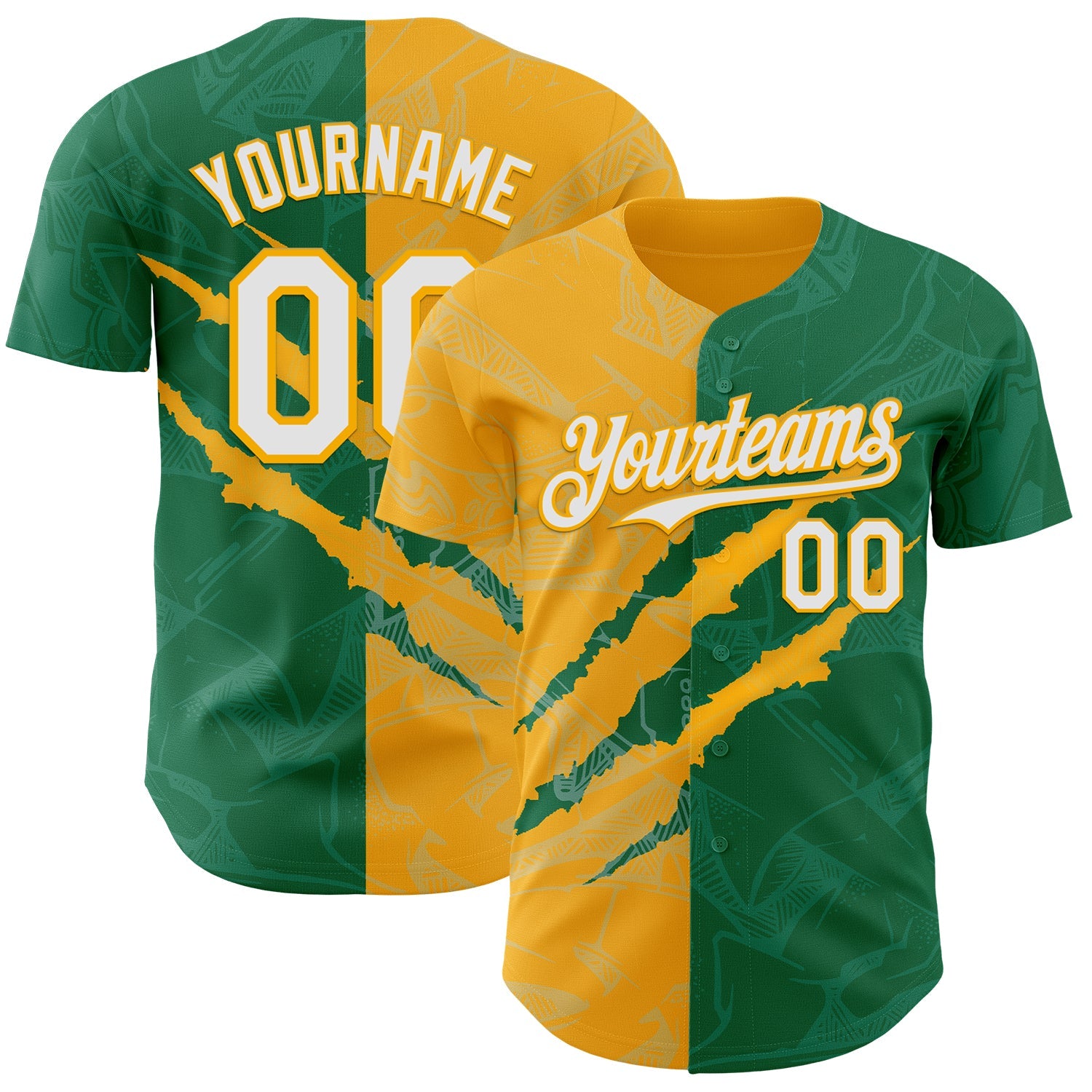 Custom Graffiti Pattern White Kelly Green-Gold 3D Scratch Authentic Baseball Jersey - Main View