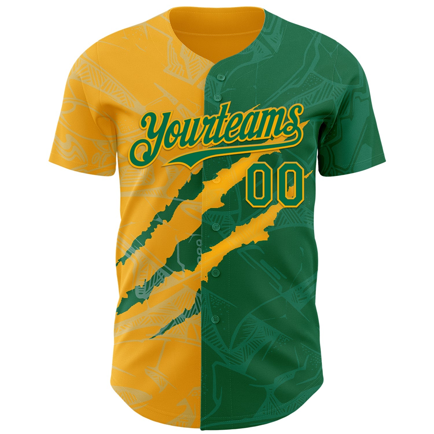 Custom Graffiti Pattern Kelly Green-Gold 3D Scratch Authentic Baseball Jersey view 2