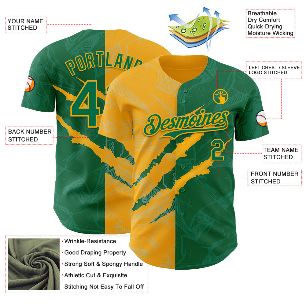 Custom Graffiti Pattern Kelly Green-Gold 3D Scratch Authentic Baseball Jersey view 3