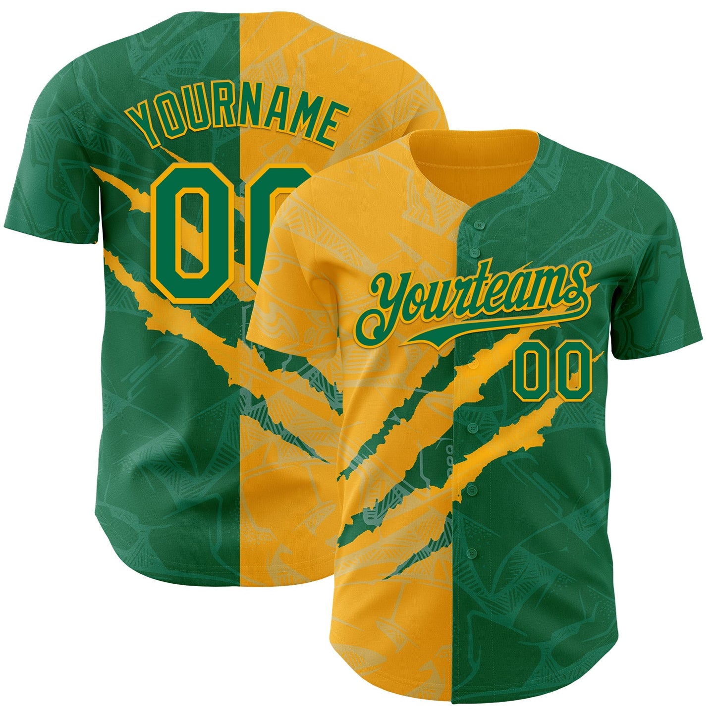 Custom Graffiti Pattern Kelly Green-Gold 3D Scratch Authentic Baseball Jersey - Main View