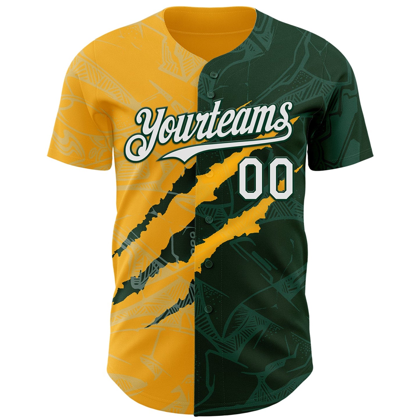 Custom Graffiti Pattern White Green-Gold 3D Scratch Authentic Baseball Jersey view 2