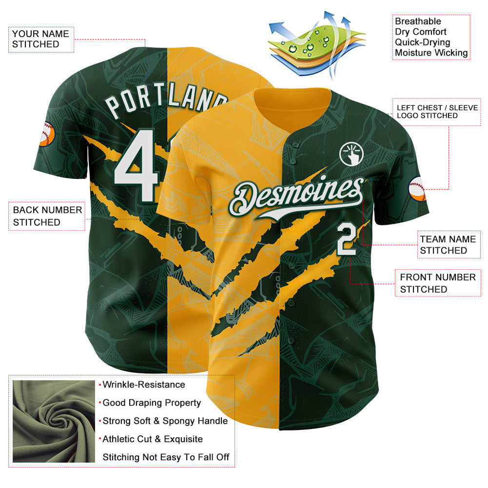 Custom Graffiti Pattern White Green-Gold 3D Scratch Authentic Baseball Jersey view 3