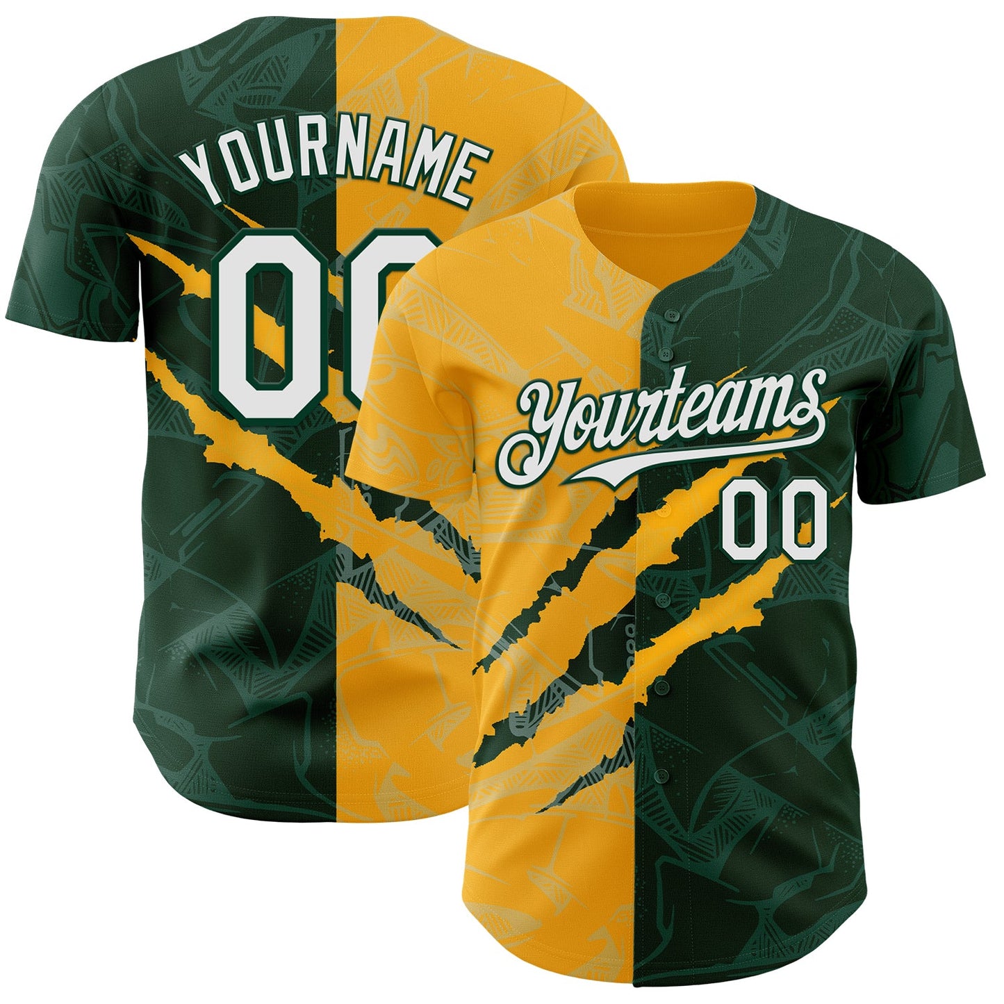 Custom Graffiti Pattern White Green-Gold 3D Scratch Authentic Baseball Jersey - Main View