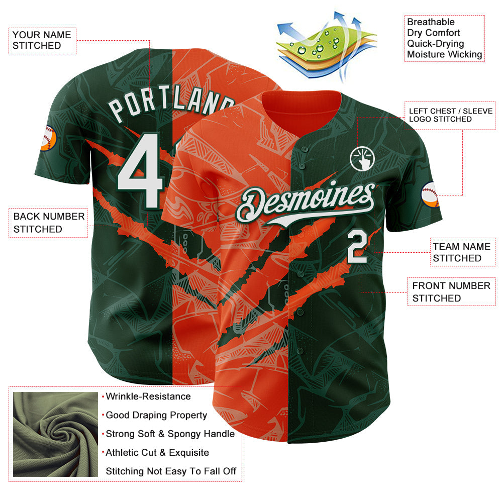 Custom Graffiti Pattern White Green-Orange 3D Scratch Authentic Baseball Jersey view 3