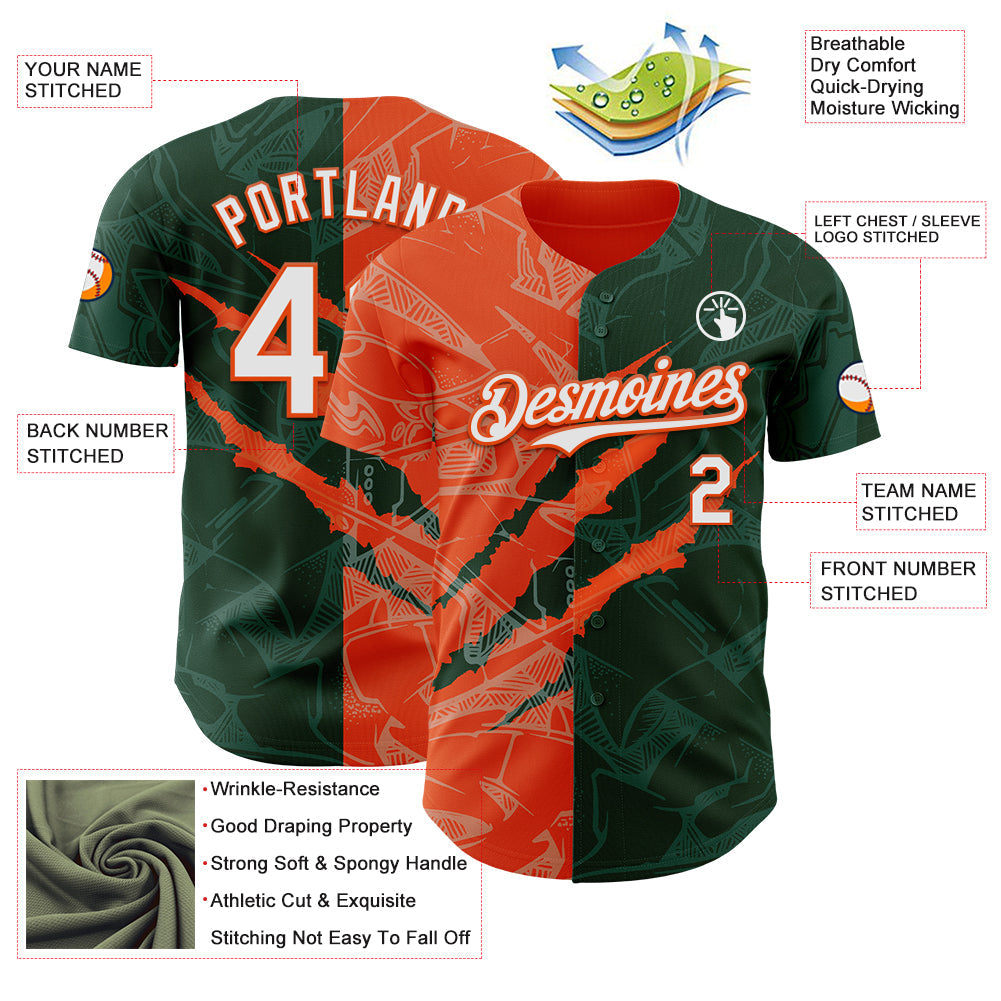 Custom Graffiti Pattern White Green-Orange 3D Scratch Authentic Baseball Jersey view 3