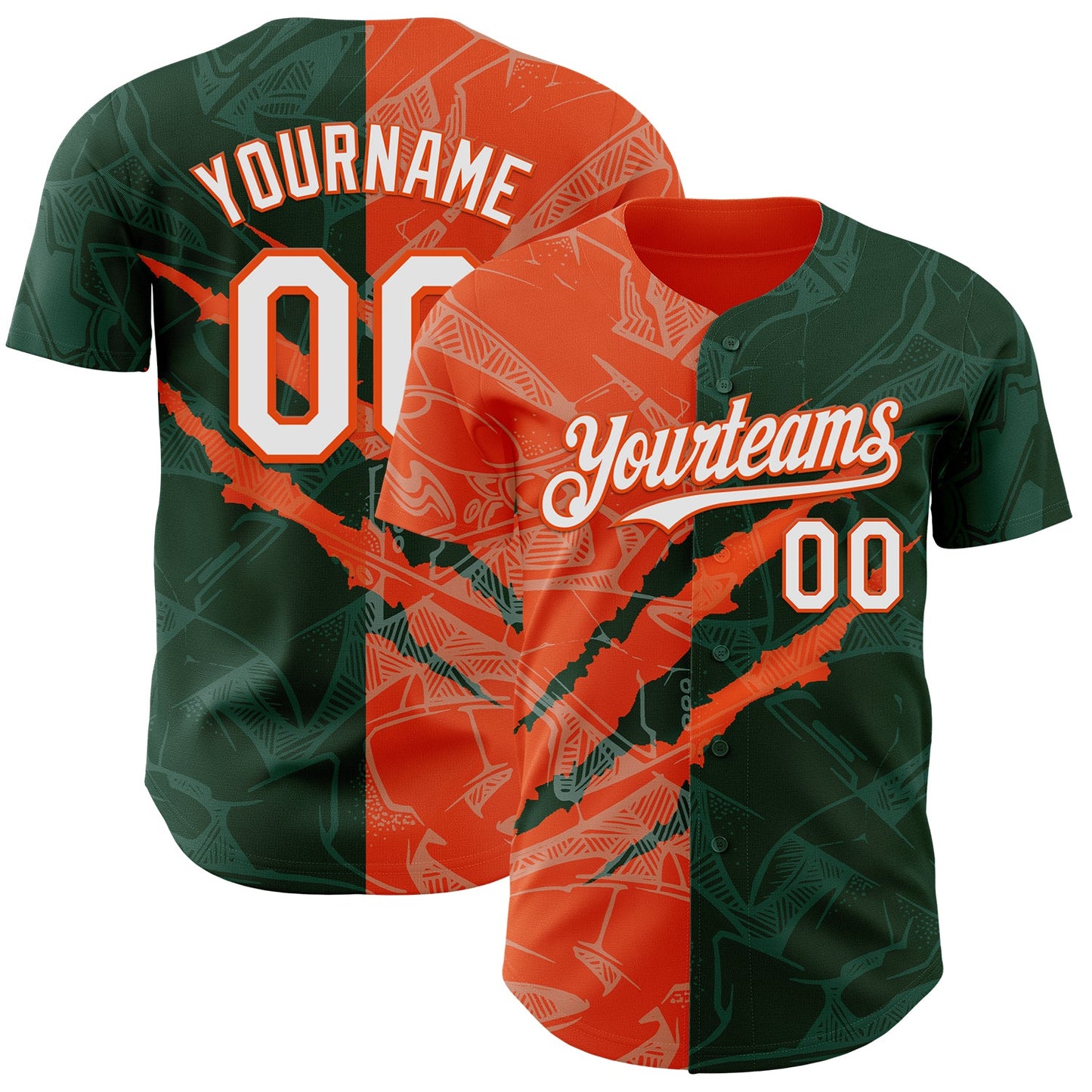 Custom Graffiti Pattern White Green-Orange 3D Scratch Authentic Baseball Jersey - Main View