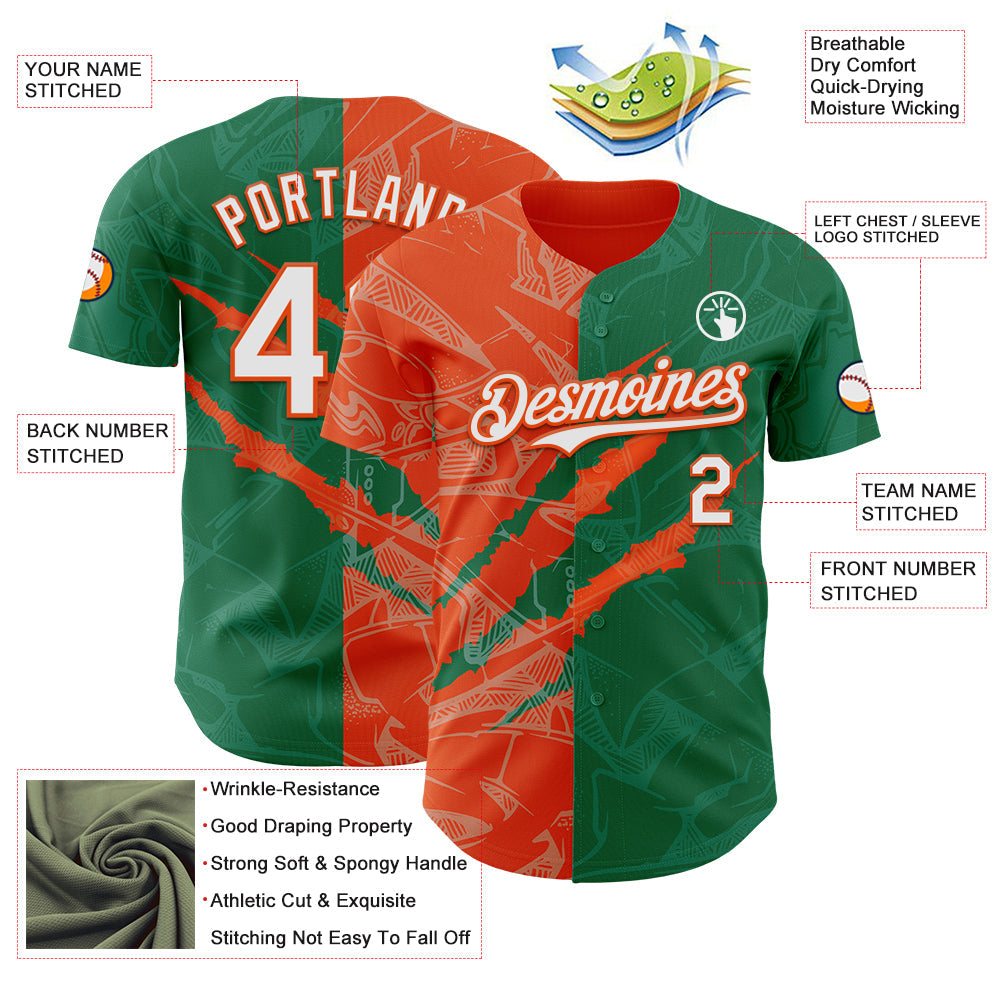 Custom Graffiti Pattern White Kelly Green-Orange 3D Scratch Authentic Baseball Jersey view 3