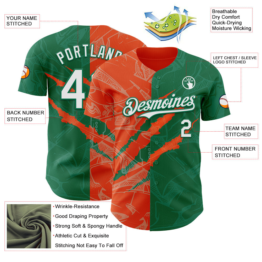 Custom Graffiti Pattern White Kelly Green-Orange 3D Scratch Authentic Baseball Jersey view 3