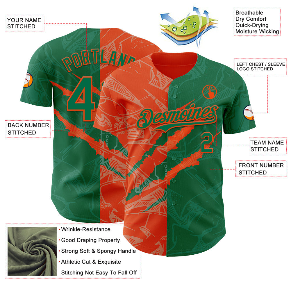 Custom Graffiti Pattern Kelly Green-Orange 3D Scratch Authentic Baseball Jersey view 3