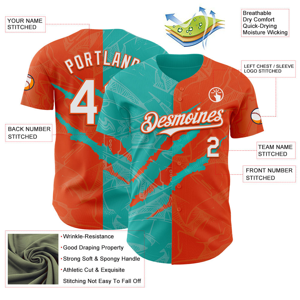 Custom Graffiti Pattern White Orange-Aqua 3D Scratch Authentic Baseball Jersey view 3