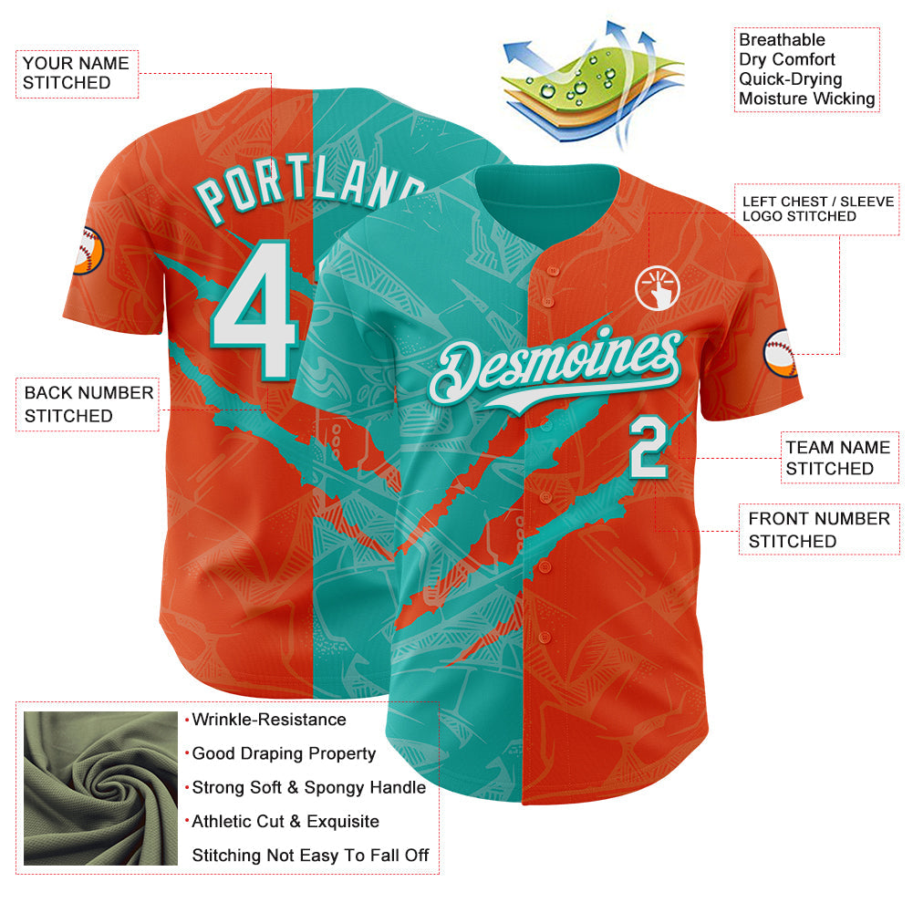 Custom Graffiti Pattern White Orange-Aqua 3D Scratch Authentic Baseball Jersey view 3