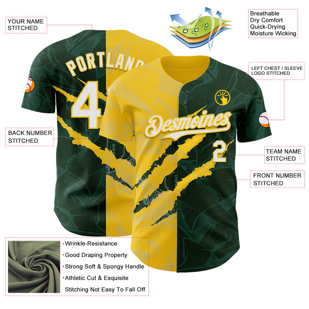 Custom Graffiti Pattern White Green-Yellow 3D Scratch Authentic Baseball Jersey view 3