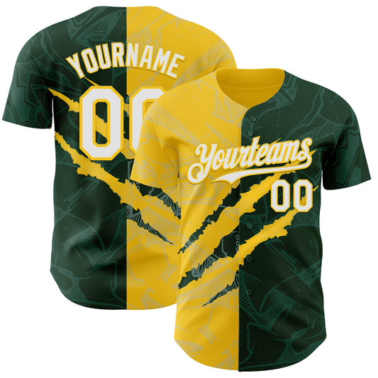 Custom Graffiti Pattern White Green-Yellow 3D Scratch Authentic Baseball Jersey - Main View
