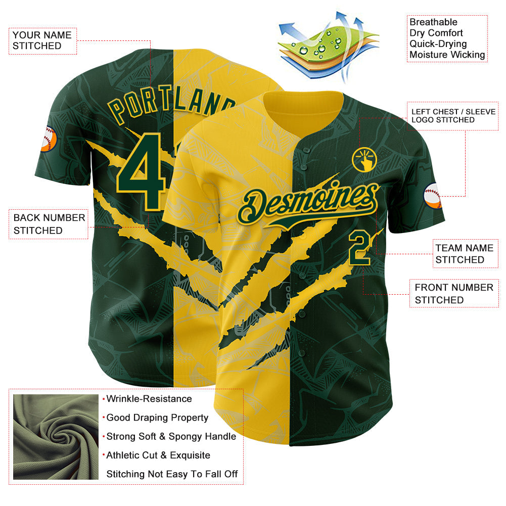 Custom Graffiti Pattern Green-Yellow 3D Scratch Authentic Baseball Jersey view 3