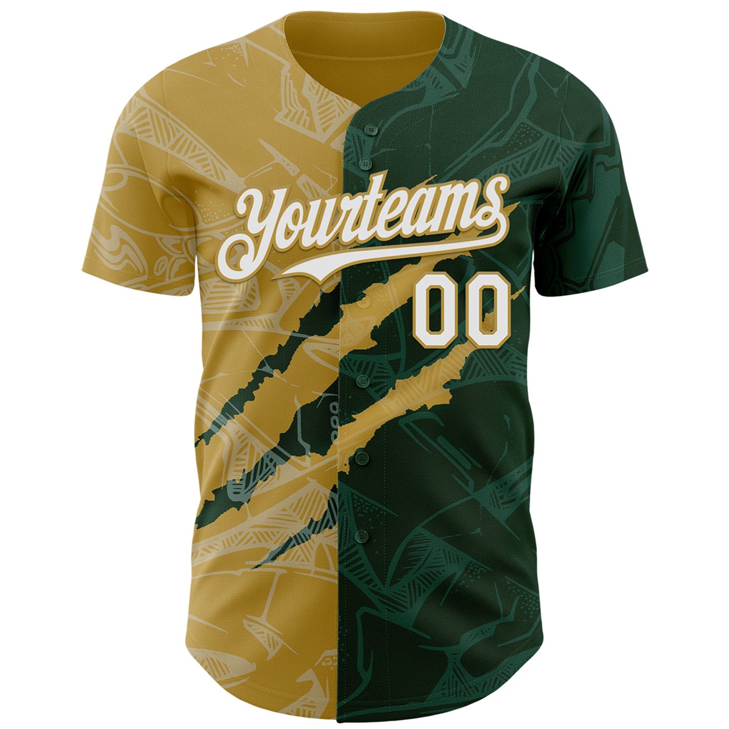 Custom Graffiti Pattern White Green-Old Gold 3D Scratch Authentic Baseball Jersey view 2