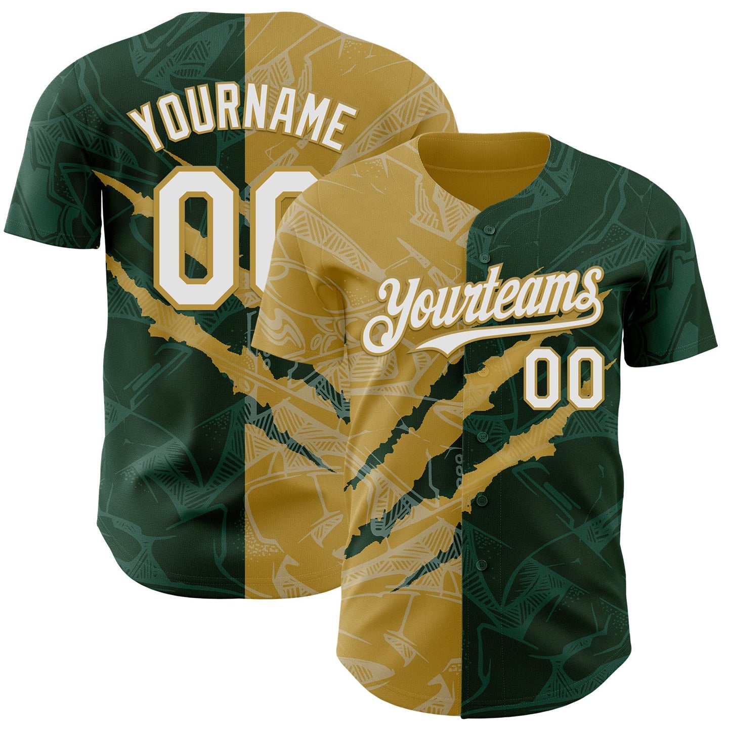 Custom Graffiti Pattern White Green-Old Gold 3D Scratch Authentic Baseball Jersey - Main View
