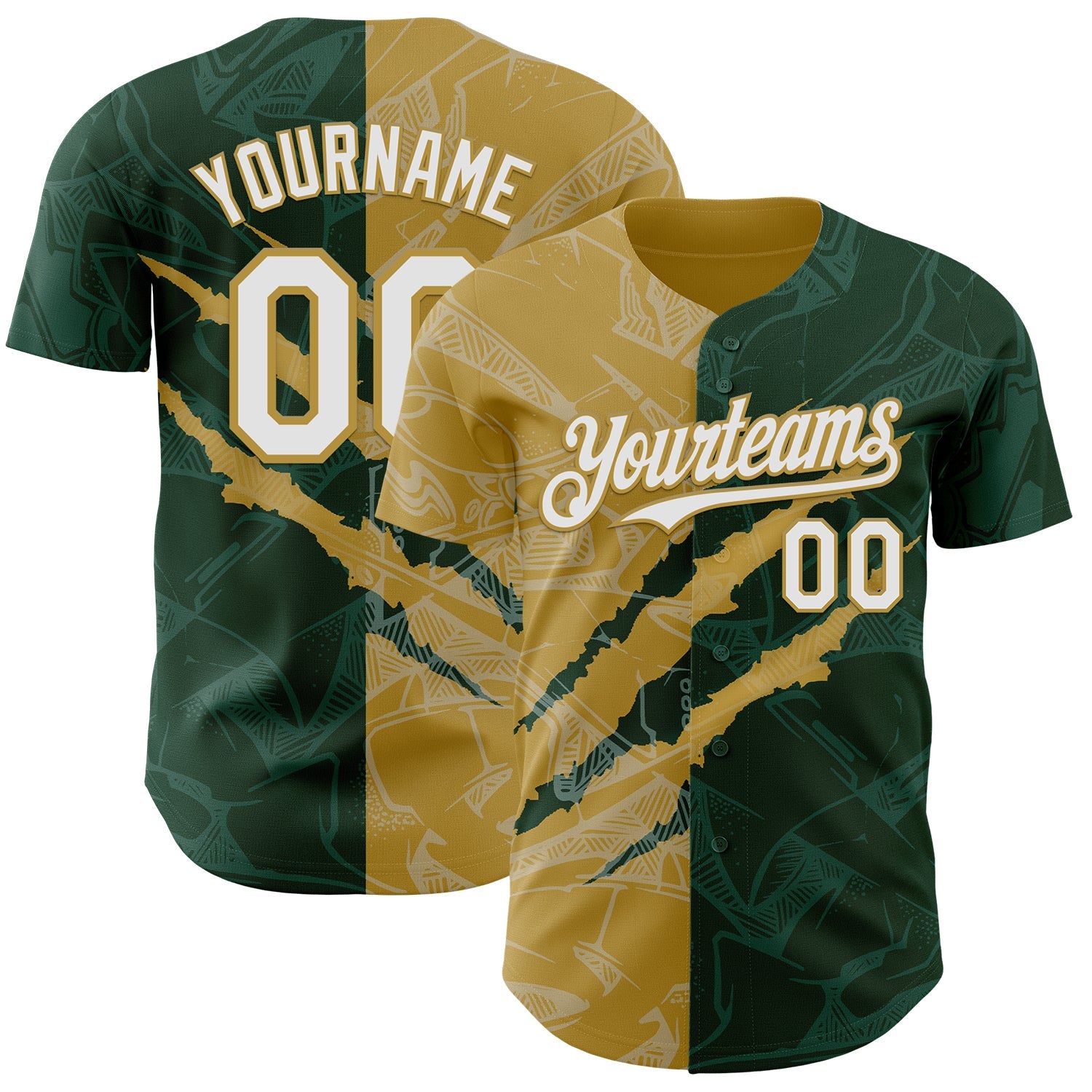 Custom Graffiti Pattern White Green-Old Gold 3D Scratch Authentic Baseball Jersey - Main View