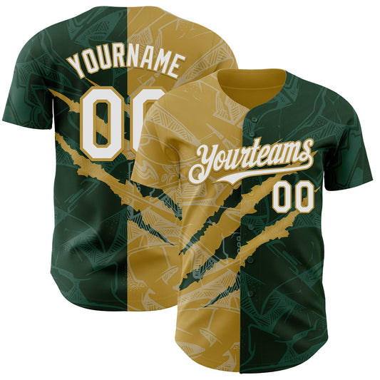 Custom Graffiti Pattern White Green-Old Gold 3D Scratch Authentic Baseball Jersey - Main View