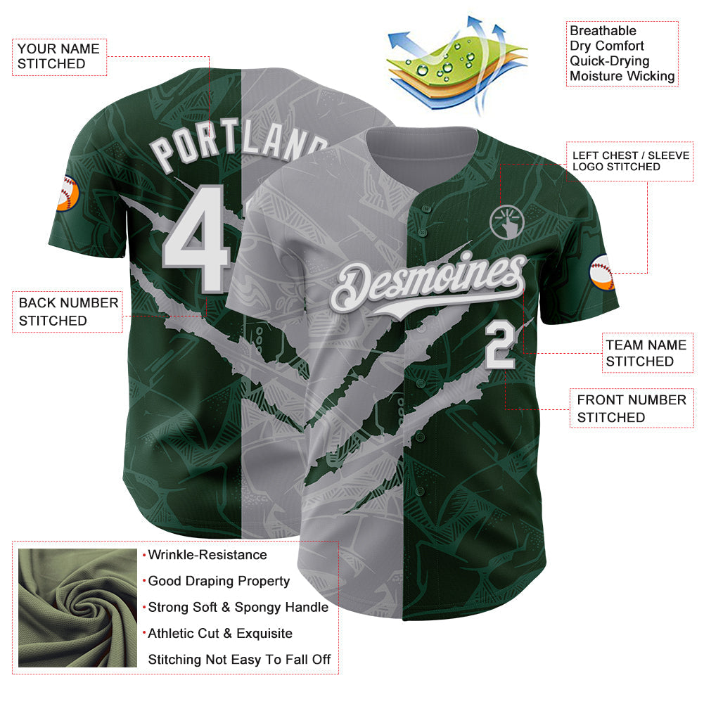 Custom Graffiti Pattern White Green-Gray 3D Scratch Authentic Baseball Jersey view 3