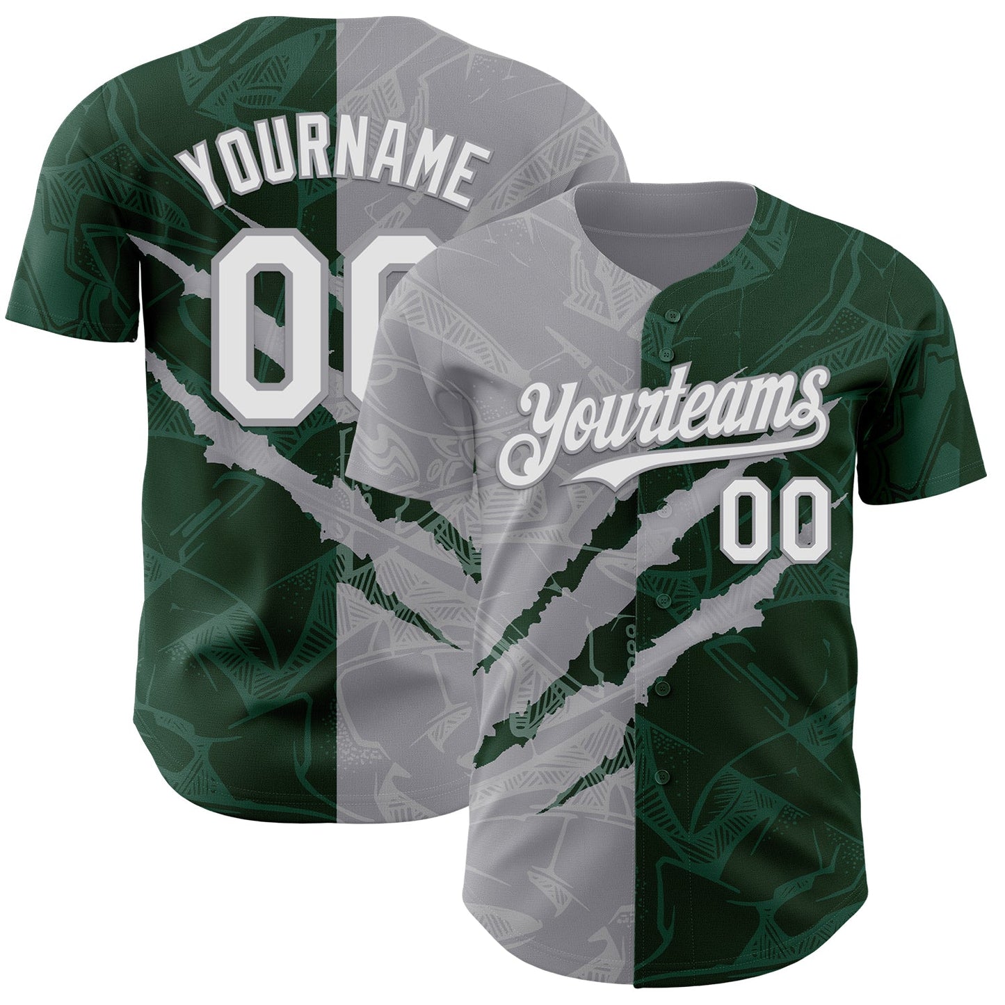 Custom Graffiti Pattern White Green-Gray 3D Scratch Authentic Baseball Jersey - Main View