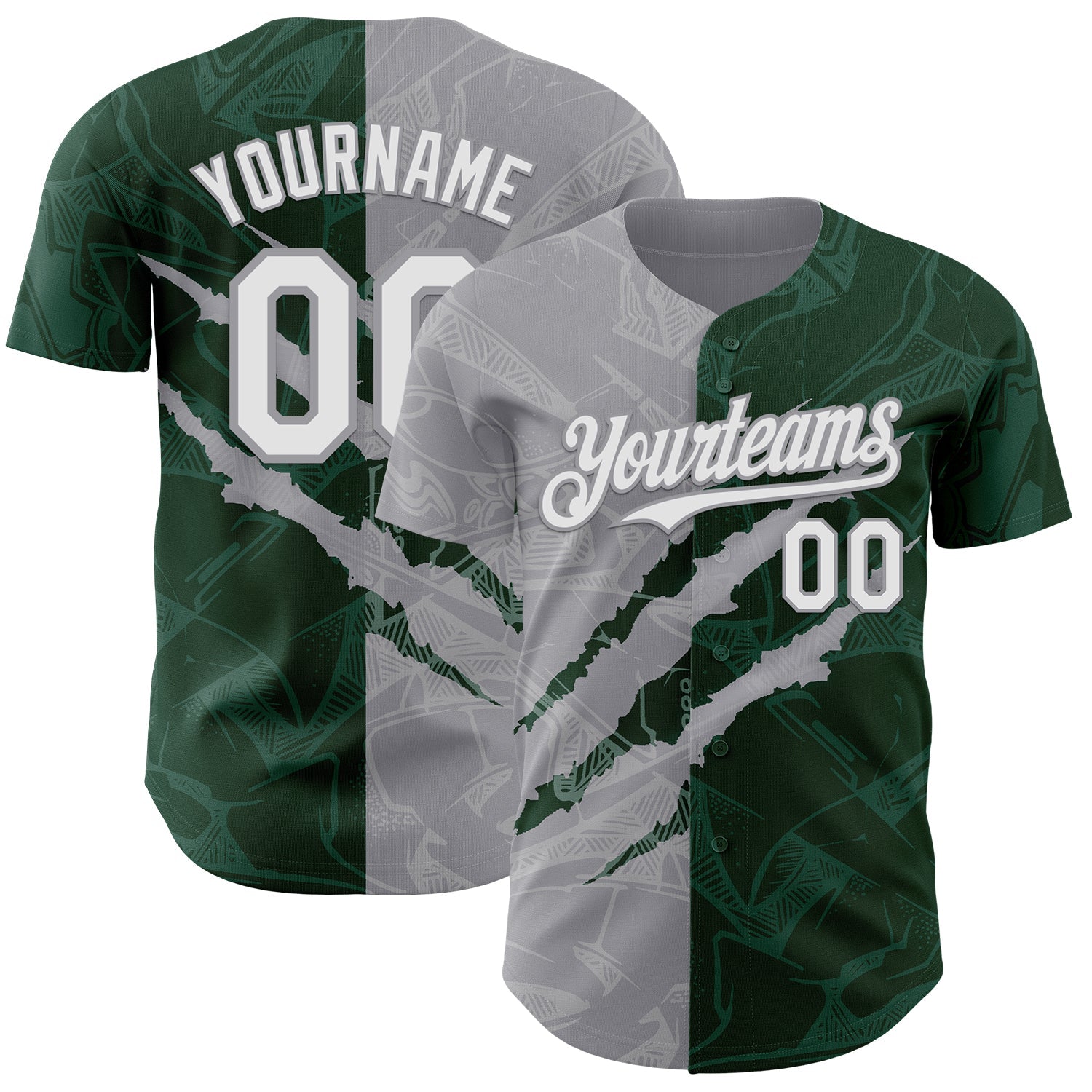 Custom Graffiti Pattern White Green-Gray 3D Scratch Authentic Baseball Jersey - Main View