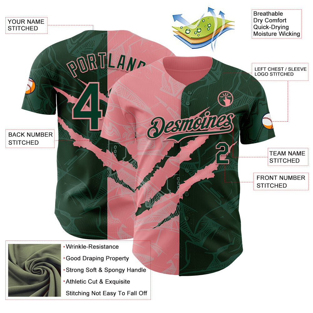 Custom Graffiti Pattern Green-Medium Pink 3D Scratch Authentic Baseball Jersey view 3
