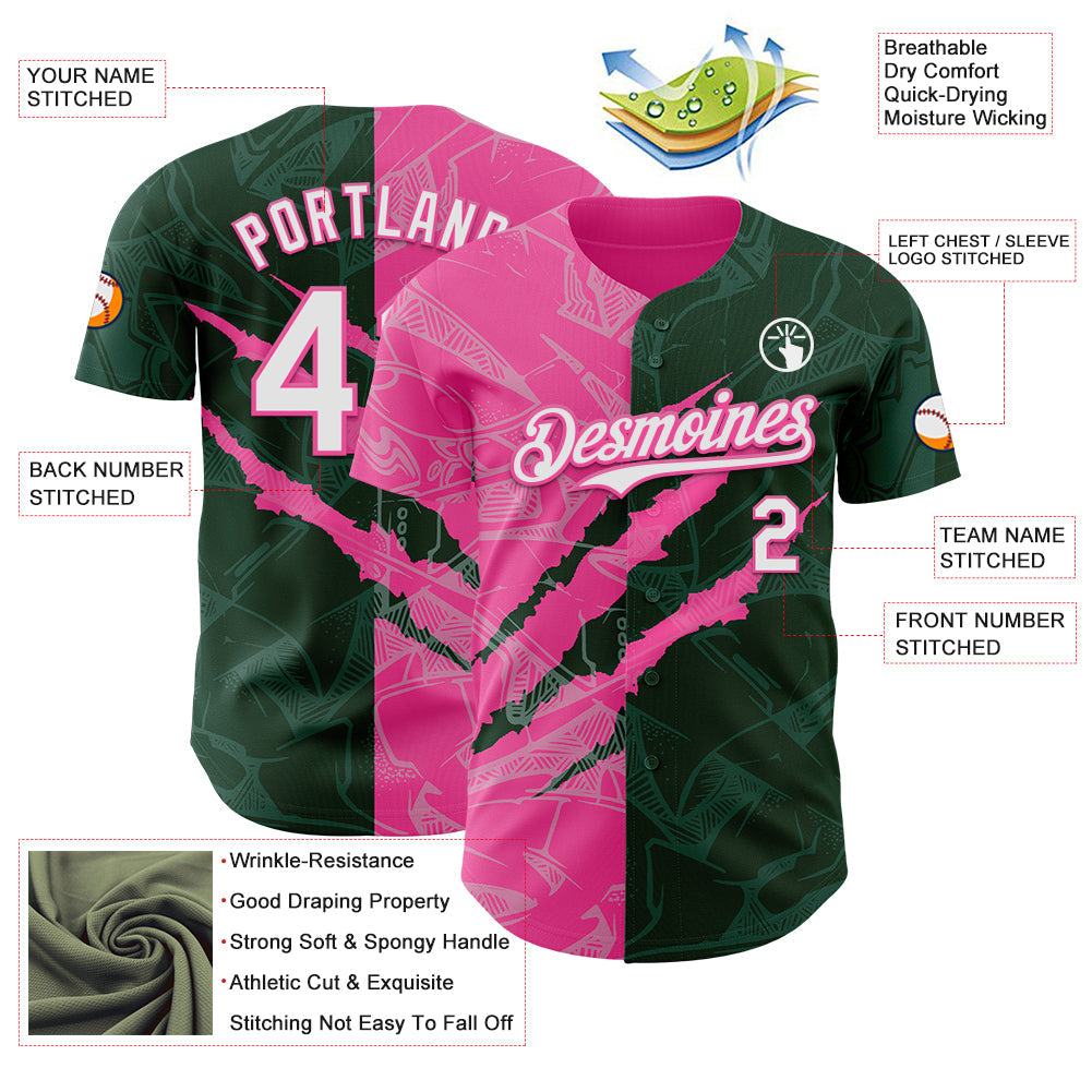 Custom Graffiti Pattern White Green-Pink 3D Scratch Authentic Baseball Jersey view 3