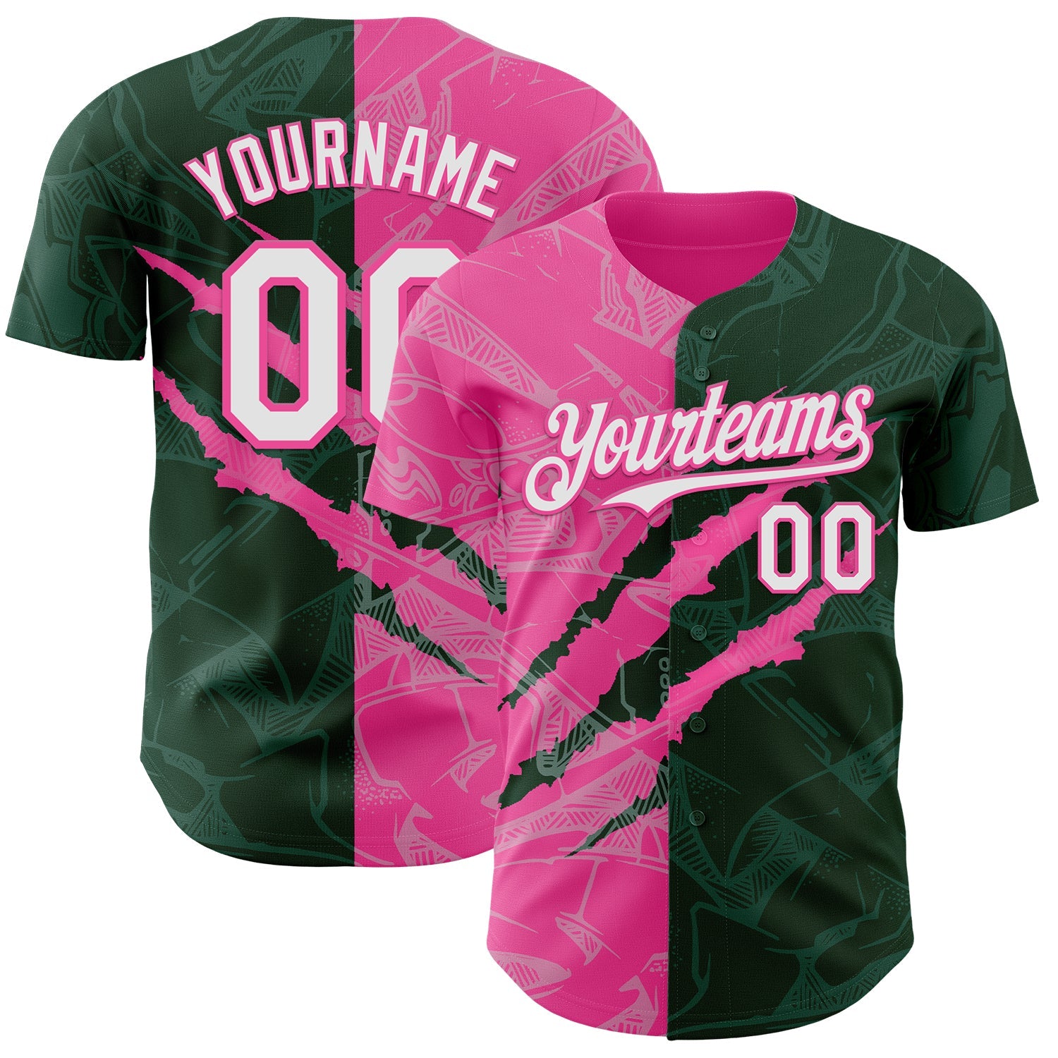 Custom Graffiti Pattern White Green-Pink 3D Scratch Authentic Baseball Jersey - Main View