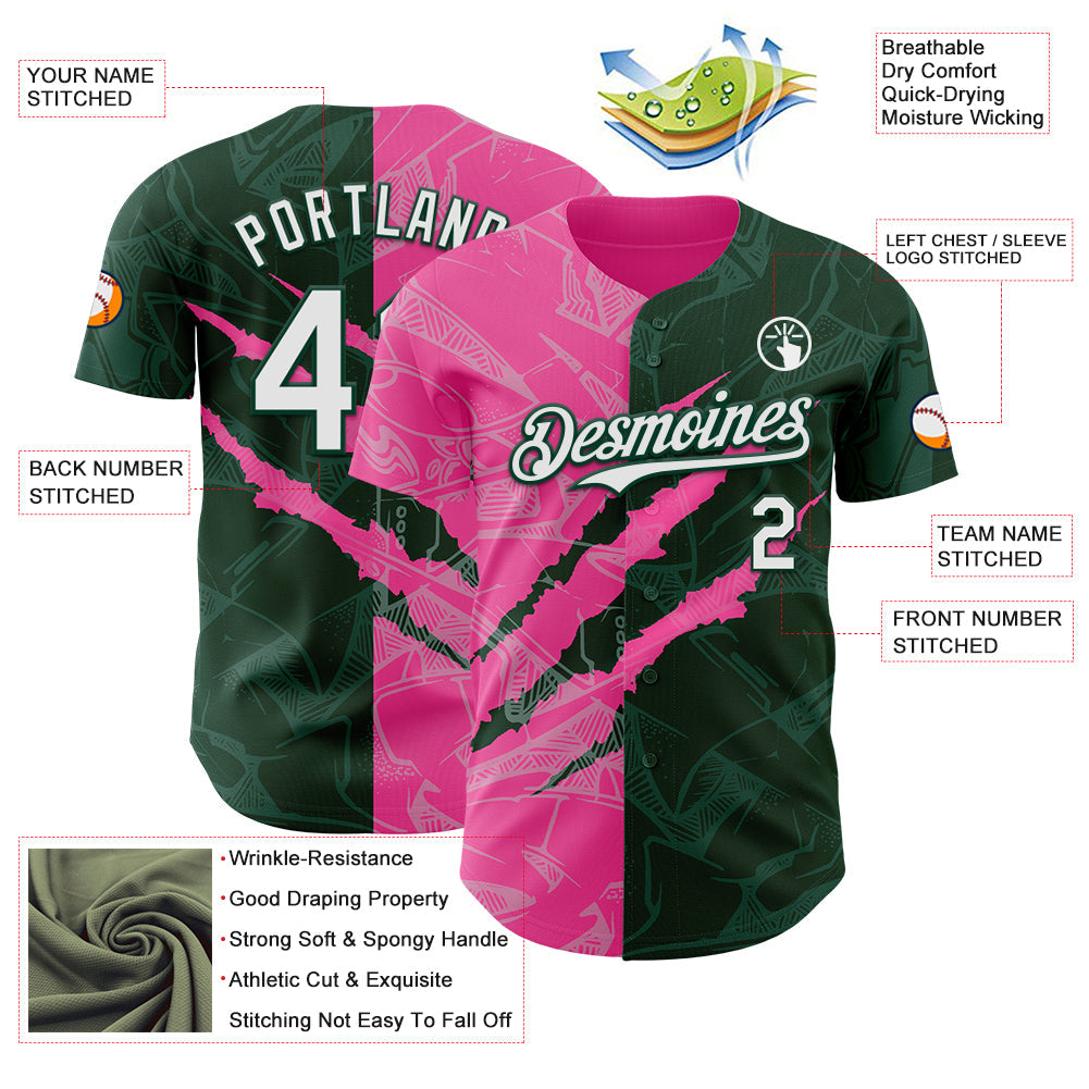 Custom Graffiti Pattern White Green-Pink 3D Scratch Authentic Baseball Jersey view 3