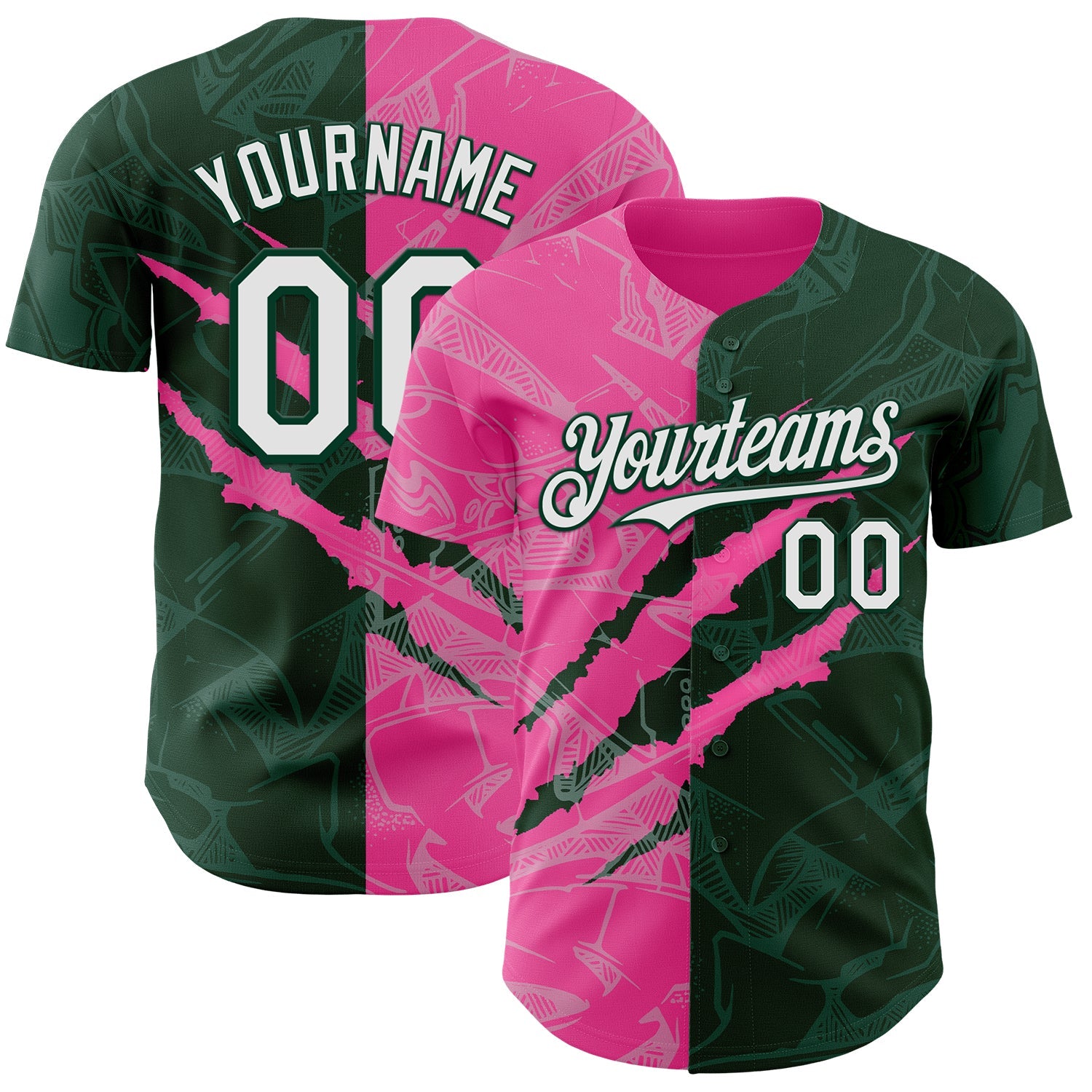 Custom Graffiti Pattern White Green-Pink 3D Scratch Authentic Baseball Jersey - Main View