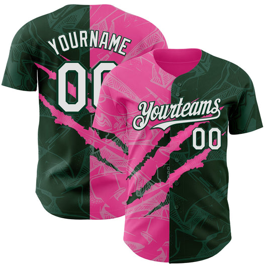 Custom Graffiti Pattern White Green-Pink 3D Scratch Authentic Baseball Jersey - Main View