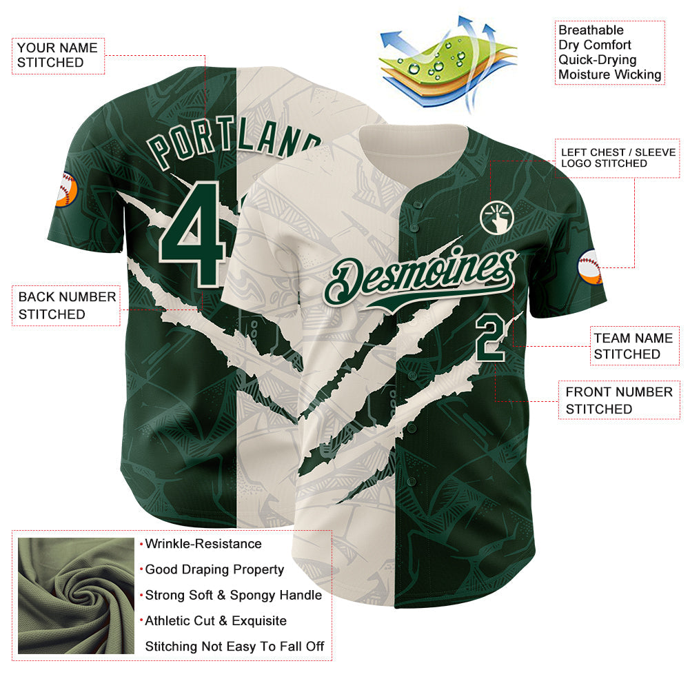 Custom Graffiti Pattern Green-Cream 3D Scratch Authentic Baseball Jersey view 3