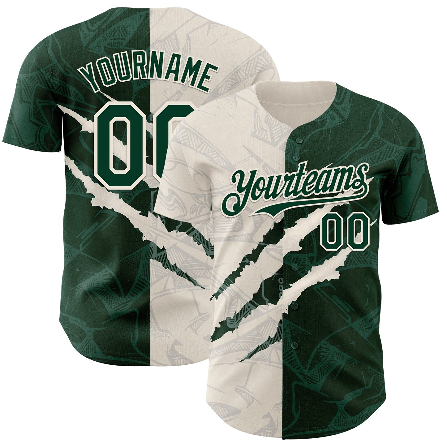 Custom Graffiti Pattern Green-Cream 3D Scratch Authentic Baseball Jersey - Main View